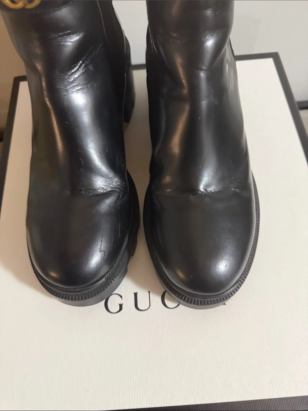 Gucci Black Leather Ankle Boots with Gold GG Logo Strap Vintage BBordeau